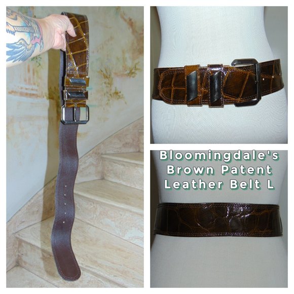 VTG Bloomingdale's Chocolate Brown Patent Belt L - Picture 1 of 8